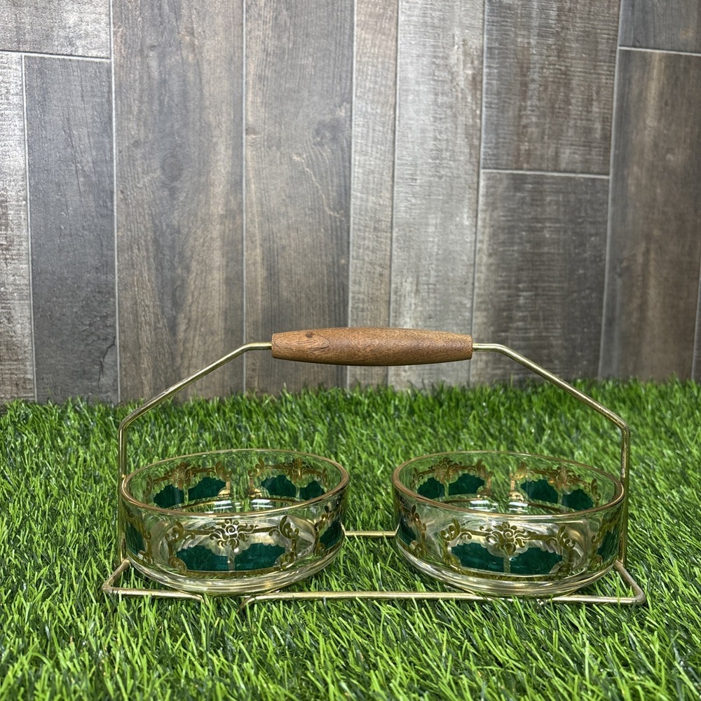 Vintage Gold Green Glass Bowls w/ Brass Tone‎ Caddy Wood Handle MCM Style Set